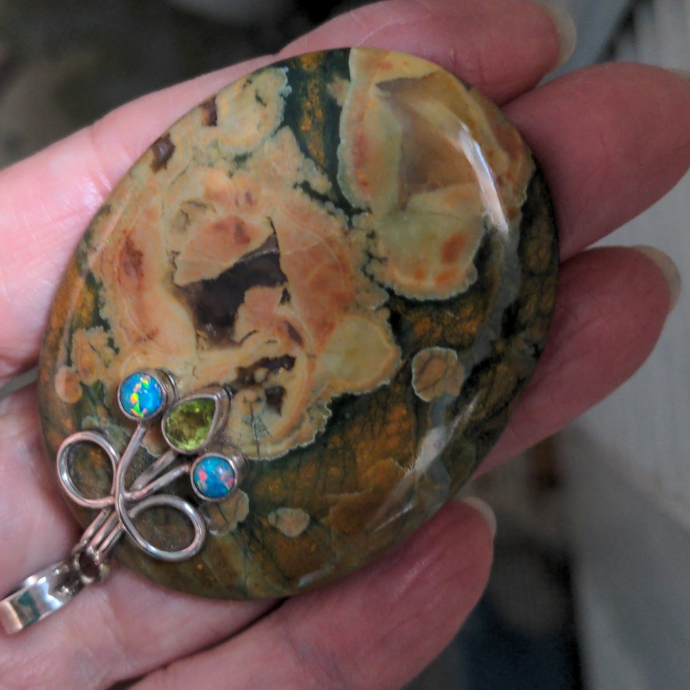 New Rainforest Jasper Pendant, 3" Long,  Sterling Silver, Multigem, Genuine
